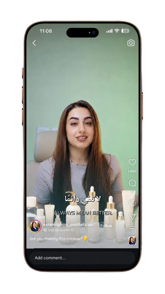 A beauty specialist presenting skincare products in an iPhone mockup
