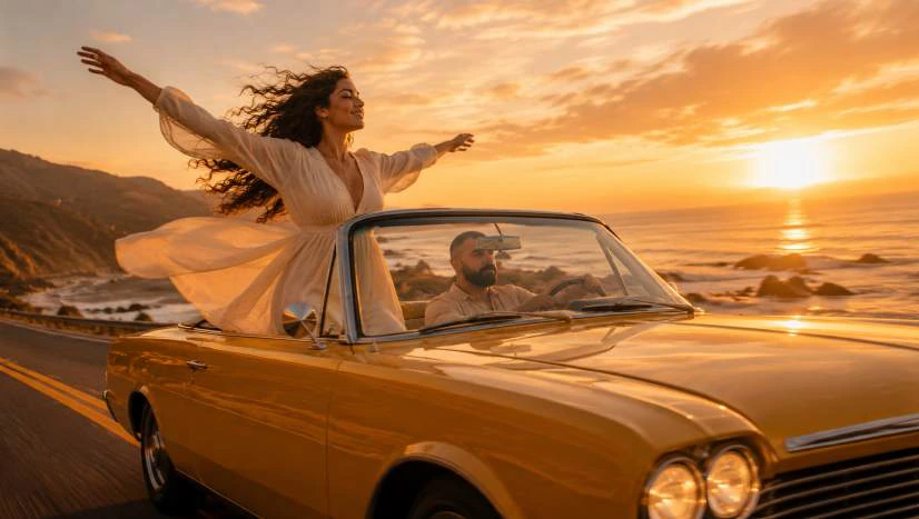 A woman by a vintage car at sunset from Ya Mganena