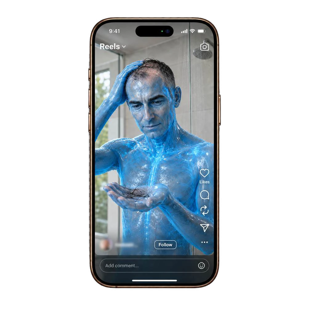 An AI UGC haircare scene with a blue anatomical character