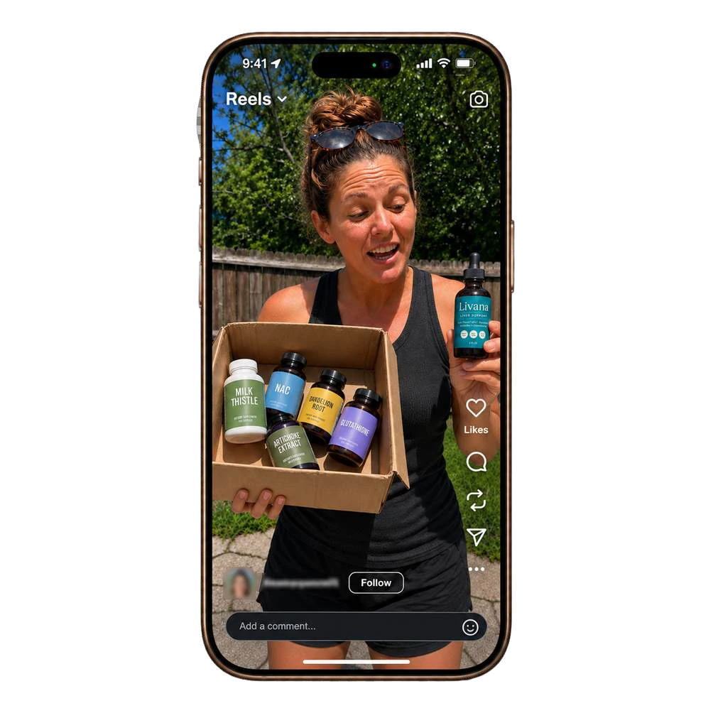 An AI UGC presenter comparing supplements and Livana